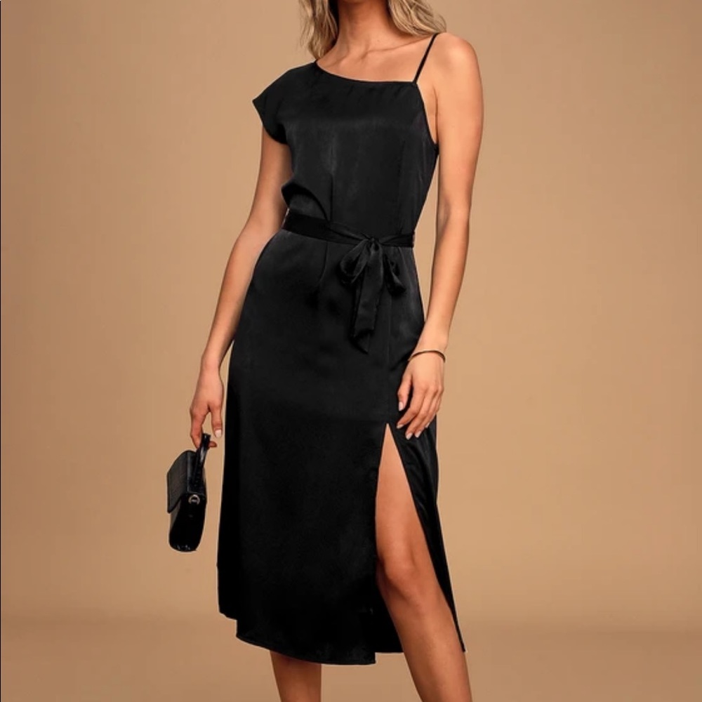 Time Of Day Black Satin Asymmetrical One-Shoulder Midi Dress